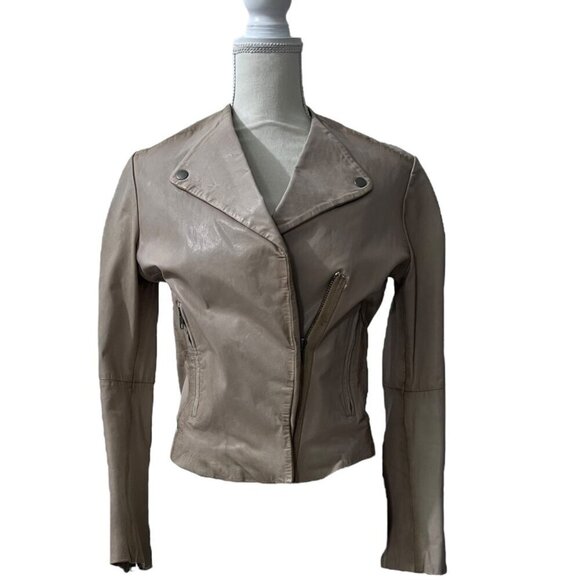 Muubaa London Tan Leather Edgy Minimalist Sleek Streetwear Moto Jacket Size 4 - Picture 4 of 13